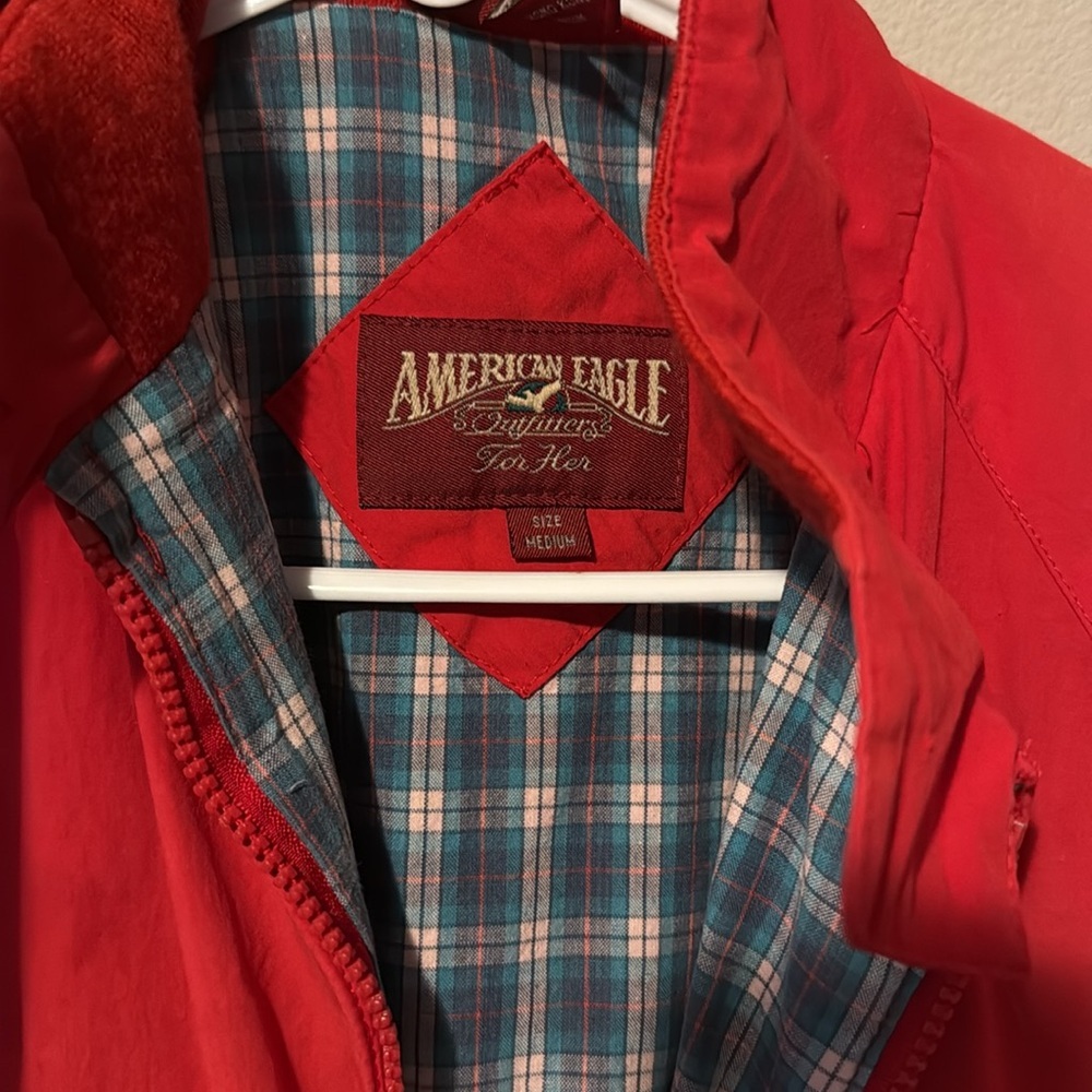 Vintage 80s American Eagle Barn Jacket Red Plaid Linging Pockets Zip FUC Flaw - Picture 3 of 16